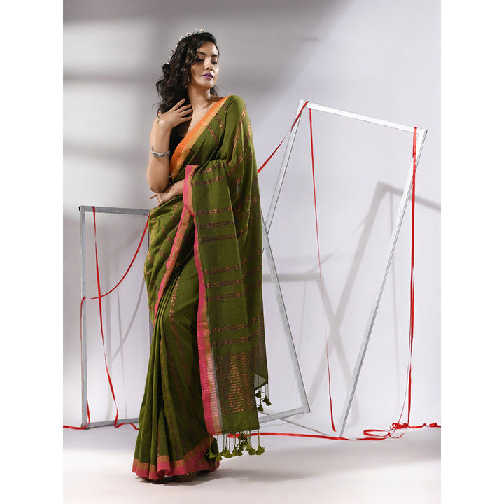 CHARUKRITI Sap Green Soft Cotton Zari Stripe Designs Saree with Unstitched Blouse