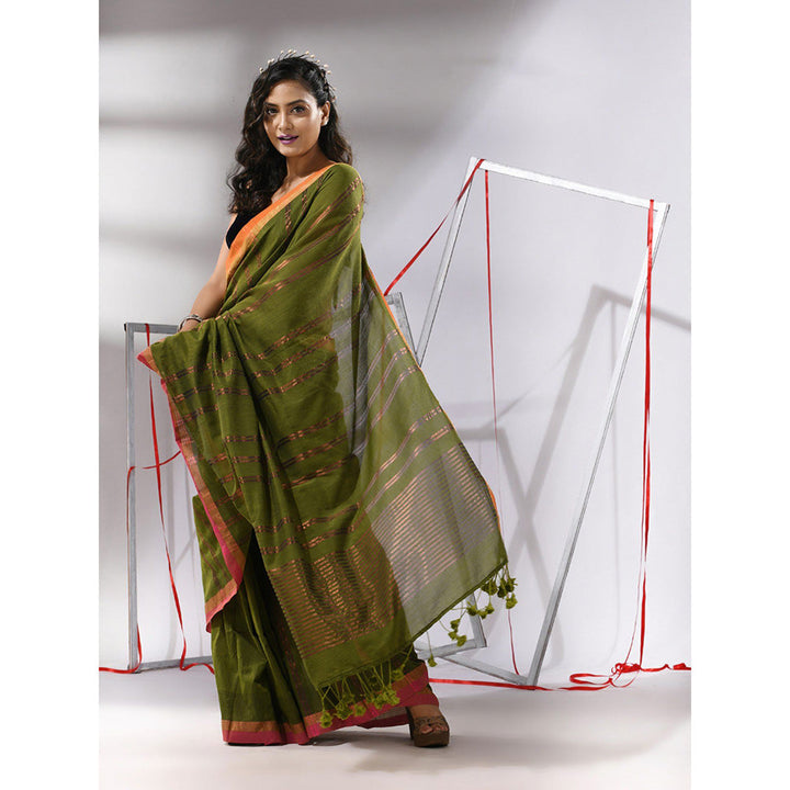 CHARUKRITI Sap Green Soft Cotton Zari Stripe Designs Saree with Unstitched Blouse