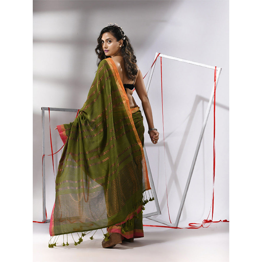 CHARUKRITI Sap Green Soft Cotton Zari Stripe Designs Saree with Unstitched Blouse