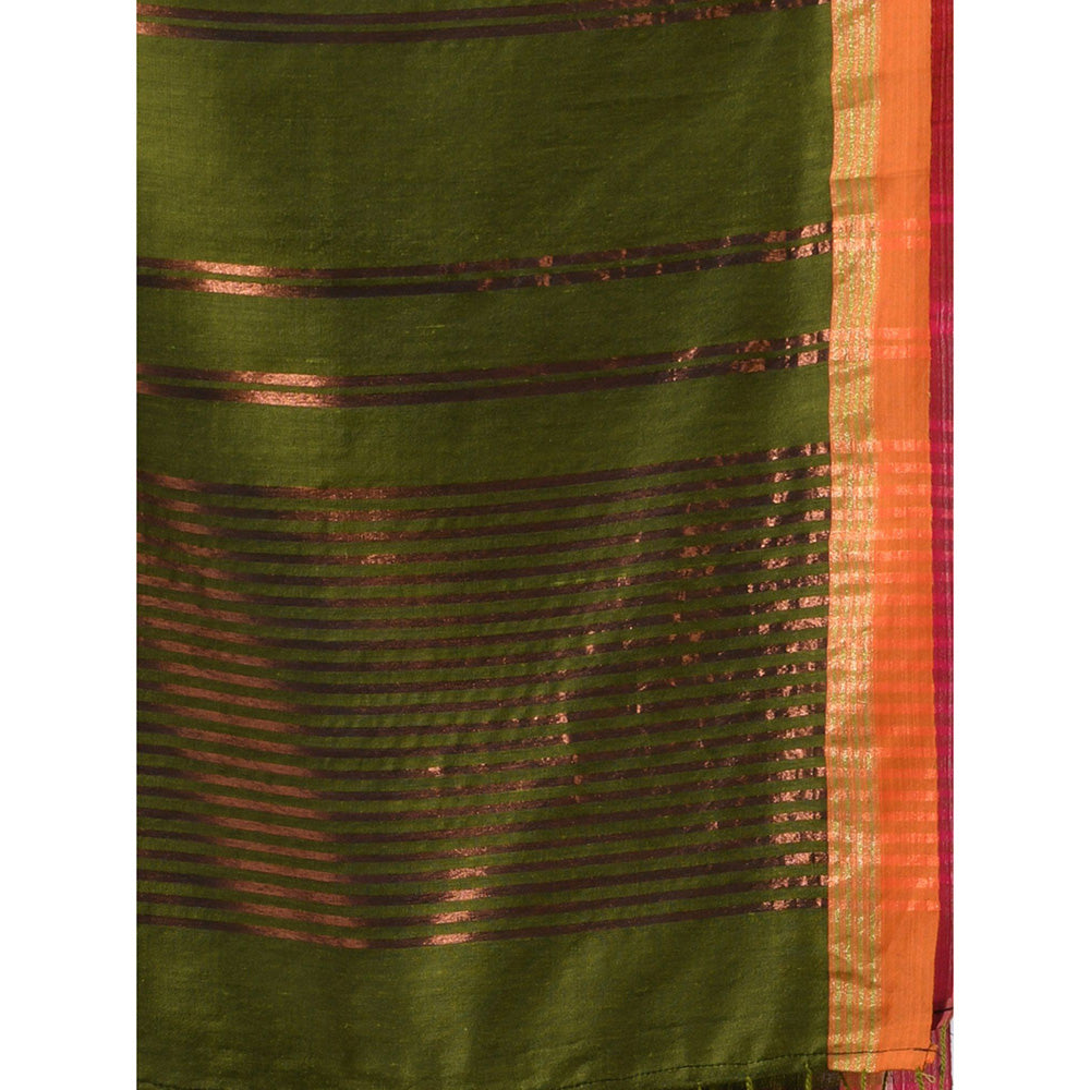 CHARUKRITI Sap Green Soft Cotton Zari Stripe Designs Saree with Unstitched Blouse