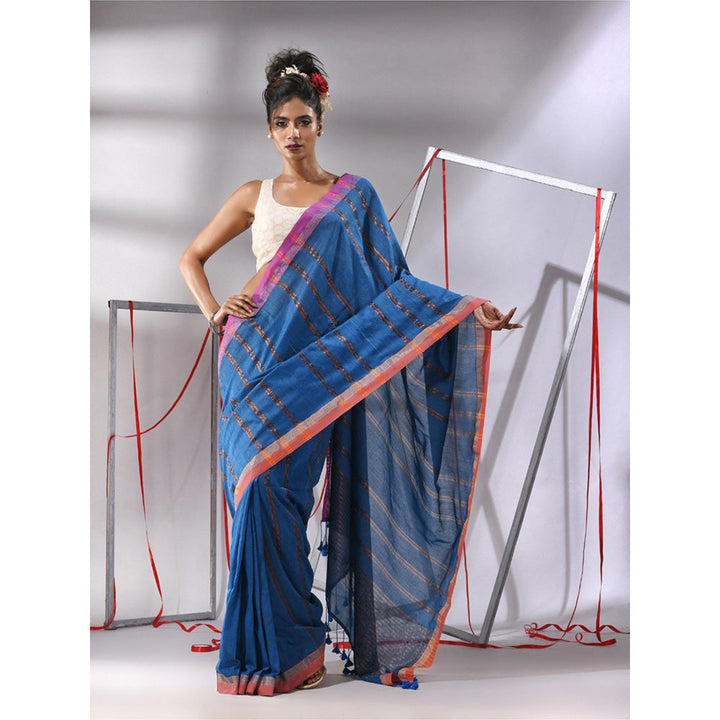 CHARUKRITI Sapphire Blue Soft Cotton Zari Stripe Designs Saree with Unstitched Blouse