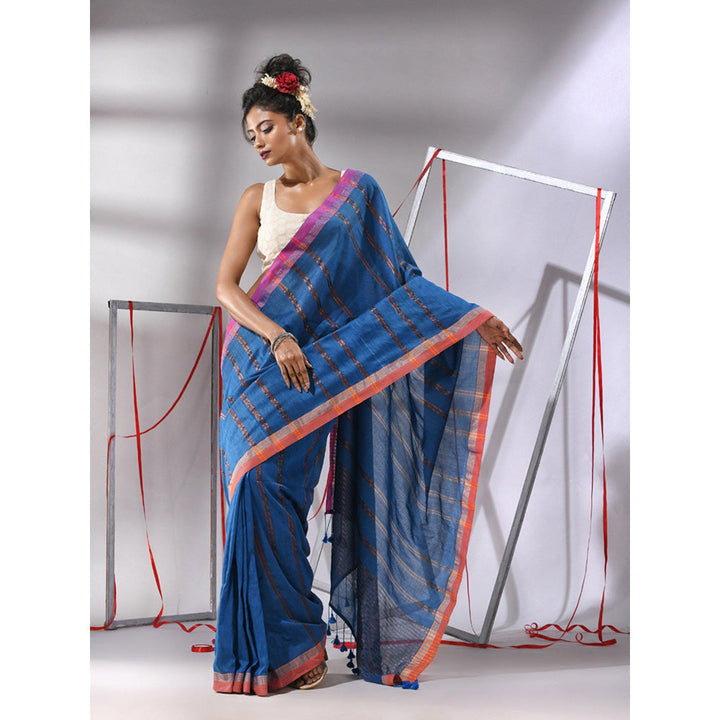 CHARUKRITI Sapphire Blue Soft Cotton Zari Stripe Designs Saree with Unstitched Blouse