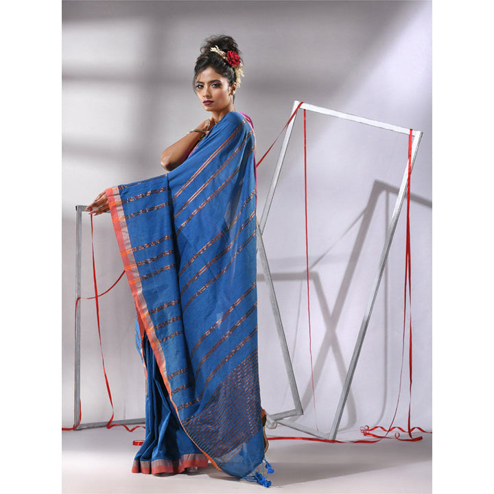 CHARUKRITI Sapphire Blue Soft Cotton Zari Stripe Designs Saree with Unstitched Blouse