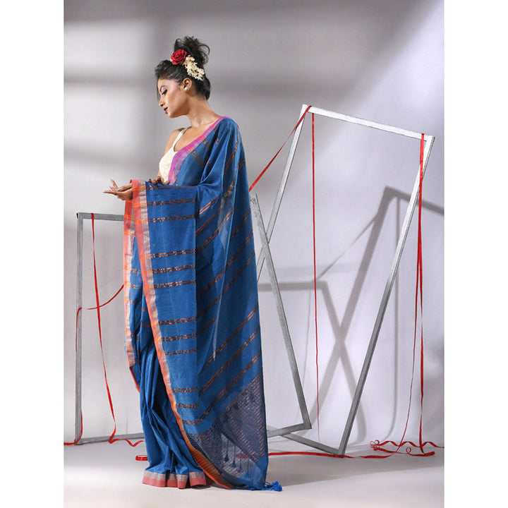 CHARUKRITI Sapphire Blue Soft Cotton Zari Stripe Designs Saree with Unstitched Blouse