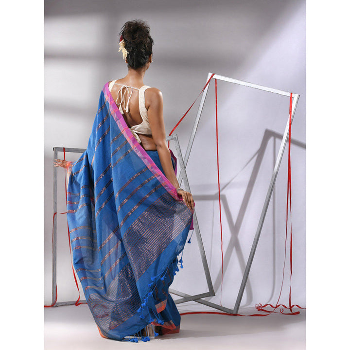 CHARUKRITI Sapphire Blue Soft Cotton Zari Stripe Designs Saree with Unstitched Blouse