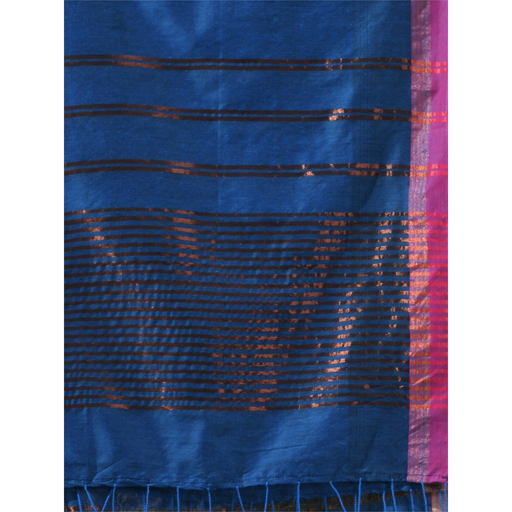 CHARUKRITI Sapphire Blue Soft Cotton Zari Stripe Designs Saree with Unstitched Blouse