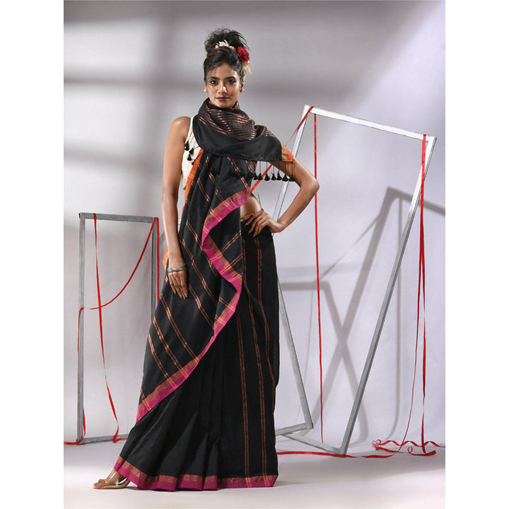 CHARUKRITI Black Soft Cotton Zari Stripe Designs Saree with Unstitched Blouse