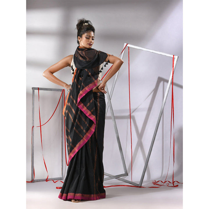 CHARUKRITI Black Soft Cotton Zari Stripe Designs Saree with Unstitched Blouse