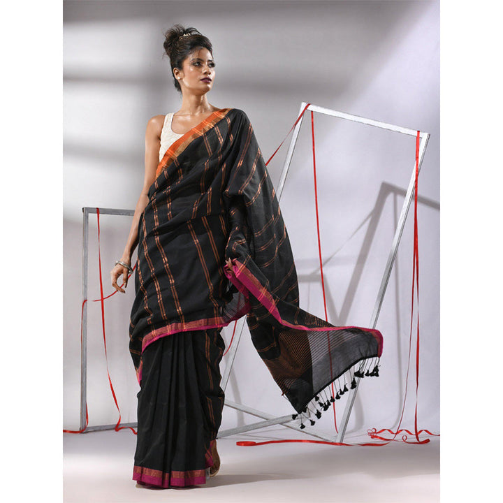 CHARUKRITI Black Soft Cotton Zari Stripe Designs Saree with Unstitched Blouse