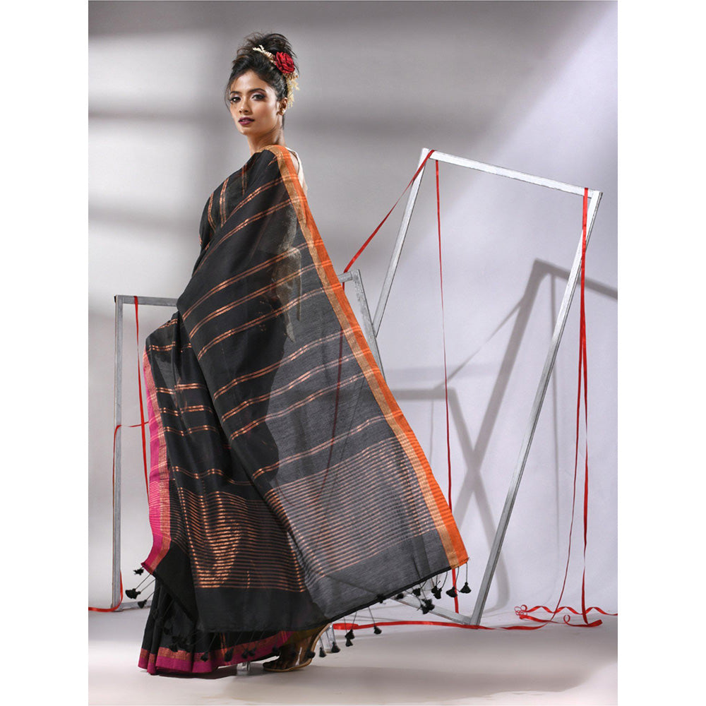 CHARUKRITI Black Soft Cotton Zari Stripe Designs Saree with Unstitched Blouse