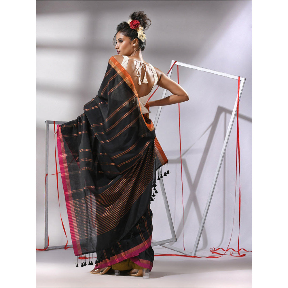 CHARUKRITI Black Soft Cotton Zari Stripe Designs Saree with Unstitched Blouse