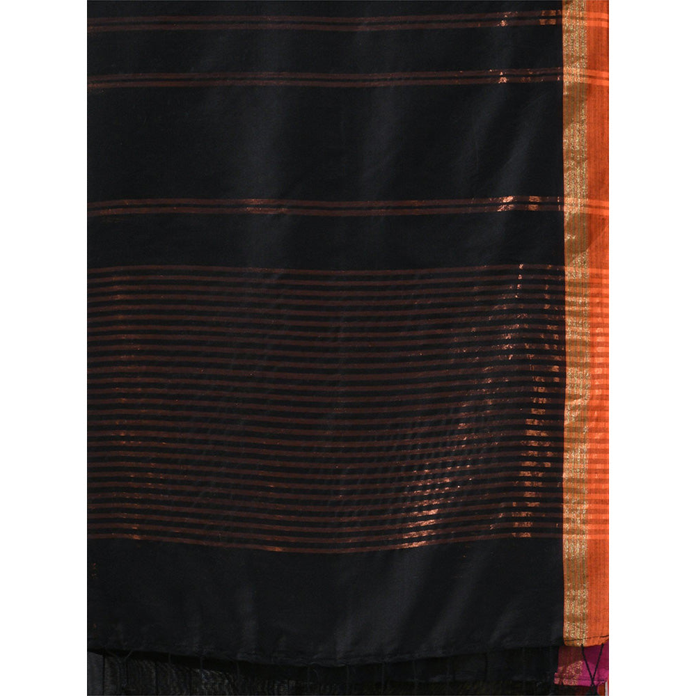 CHARUKRITI Black Soft Cotton Zari Stripe Designs Saree with Unstitched Blouse