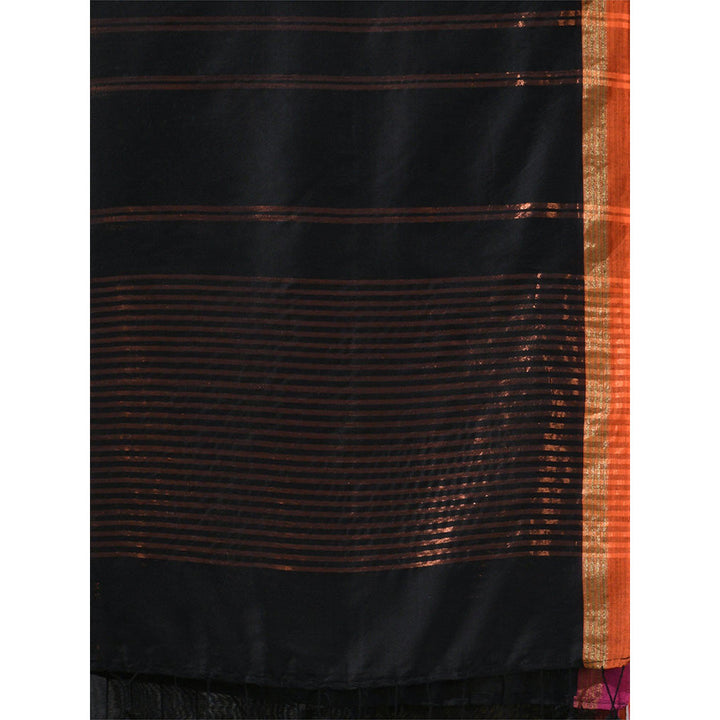 CHARUKRITI Black Soft Cotton Zari Stripe Designs Saree with Unstitched Blouse