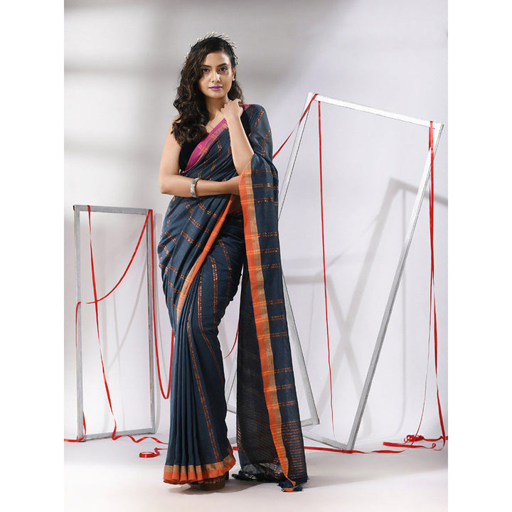 CHARUKRITI Blue Soft Cotton Zari Stripe Designs Saree with Unstitched Blouse