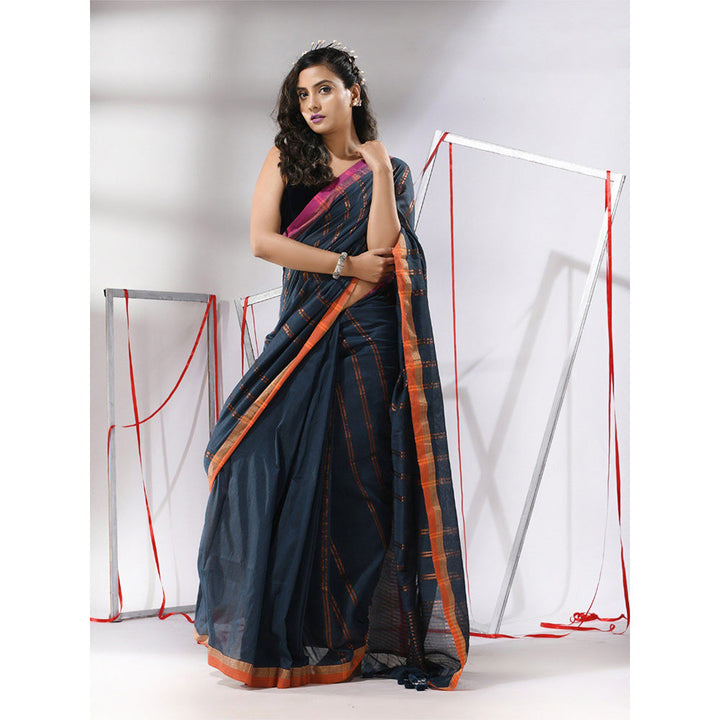 CHARUKRITI Blue Soft Cotton Zari Stripe Designs Saree with Unstitched Blouse