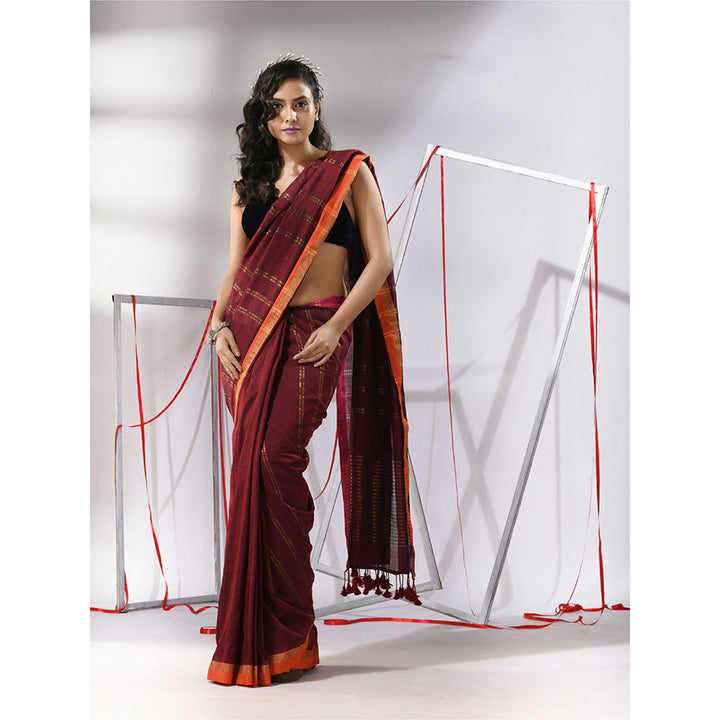 CHARUKRITI Maroon Soft Cotton Zari Stripe Designs Saree with Unstitched Blouse