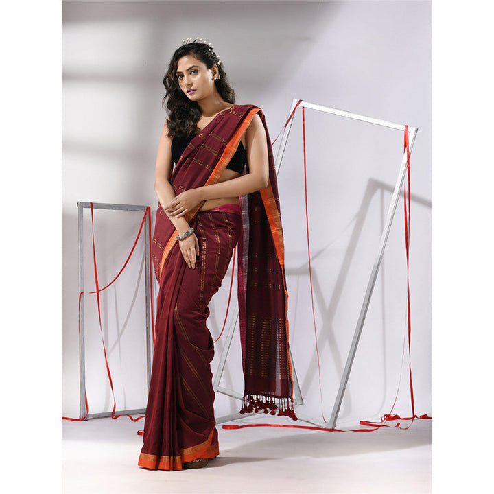 CHARUKRITI Maroon Soft Cotton Zari Stripe Designs Saree with Unstitched Blouse