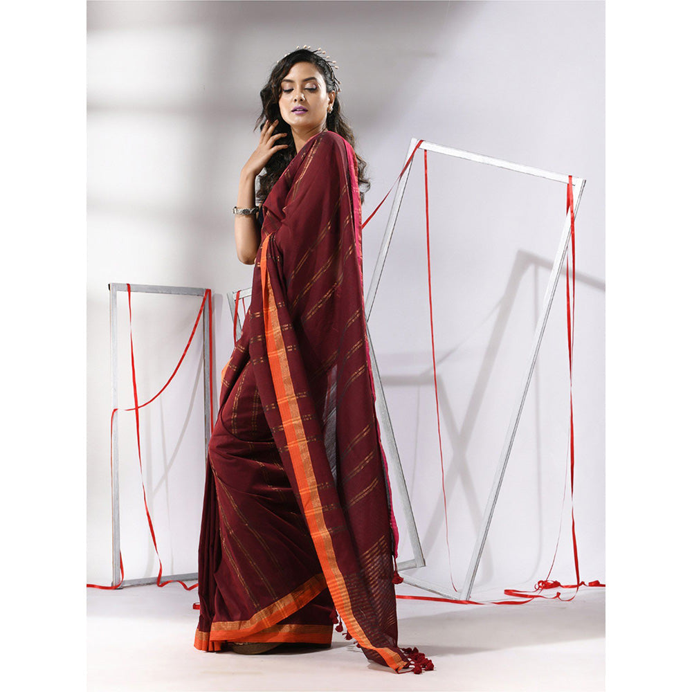 CHARUKRITI Maroon Soft Cotton Zari Stripe Designs Saree with Unstitched Blouse