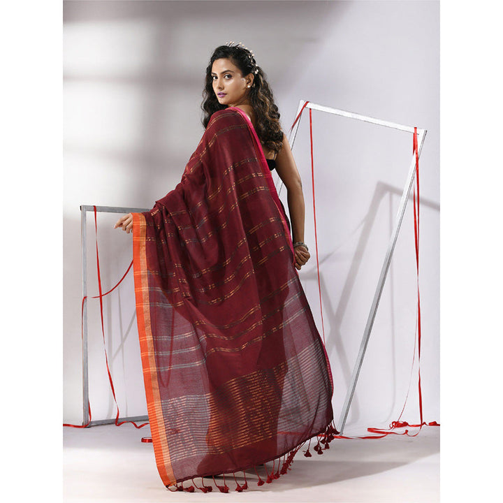 CHARUKRITI Maroon Soft Cotton Zari Stripe Designs Saree with Unstitched Blouse