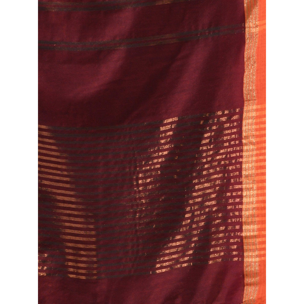 CHARUKRITI Maroon Soft Cotton Zari Stripe Designs Saree with Unstitched Blouse