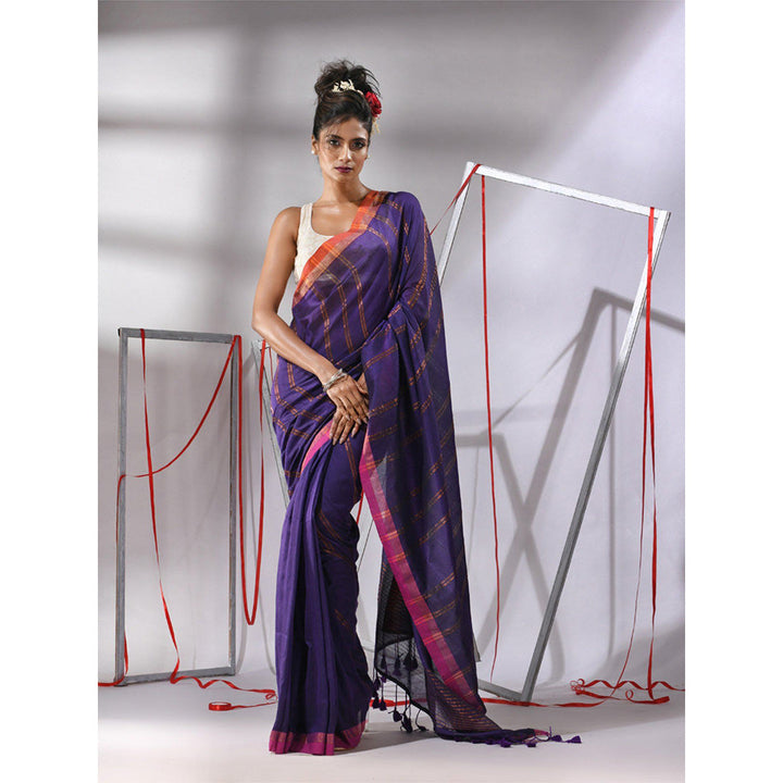 CHARUKRITI Purple Soft Cotton Zari Stripe Designs Saree with Unstitched Blouse