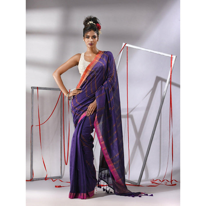 CHARUKRITI Purple Soft Cotton Zari Stripe Designs Saree with Unstitched Blouse