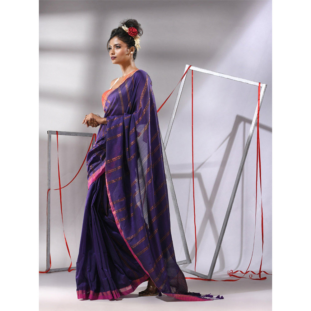 CHARUKRITI Purple Soft Cotton Zari Stripe Designs Saree with Unstitched Blouse