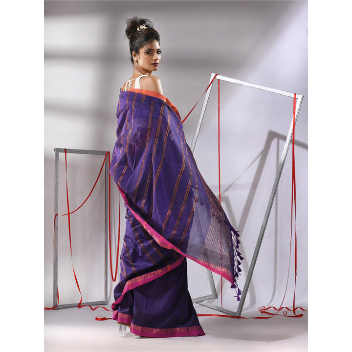 CHARUKRITI Purple Soft Cotton Zari Stripe Designs Saree with Unstitched Blouse