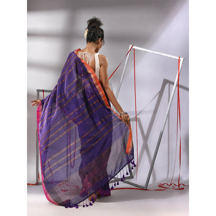 CHARUKRITI Purple Soft Cotton Zari Stripe Designs Saree with Unstitched Blouse