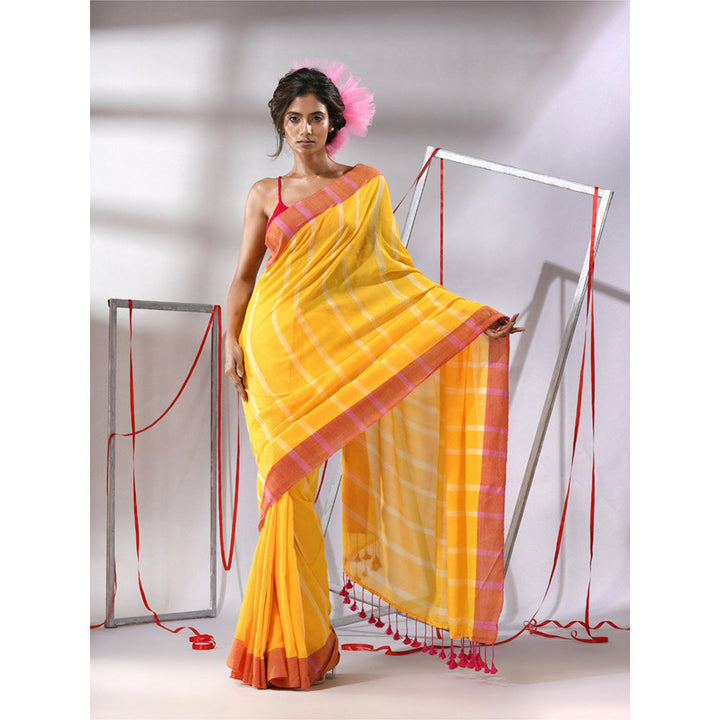 CHARUKRITI Yellow Soft Cotton Stripe Designs Saree with Unstitched Blouse