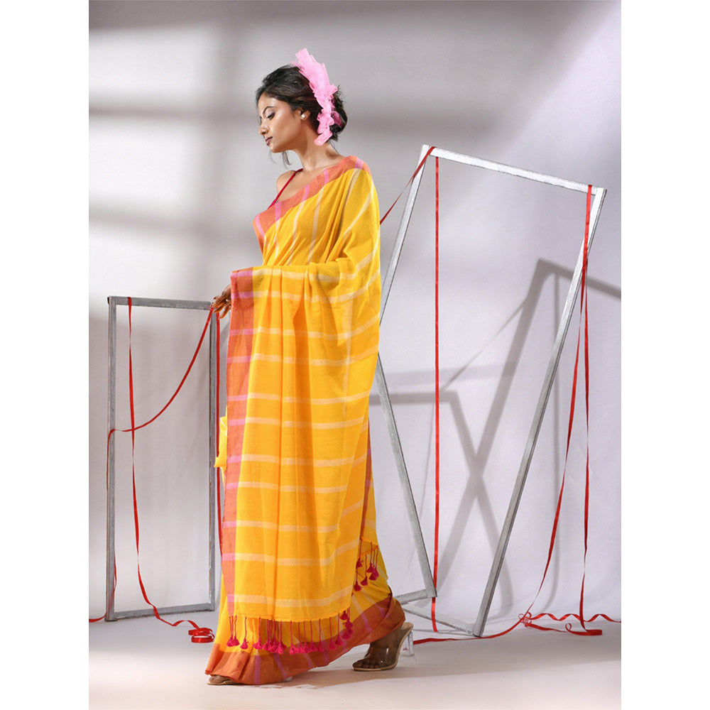 CHARUKRITI Yellow Soft Cotton Stripe Designs Saree with Unstitched Blouse