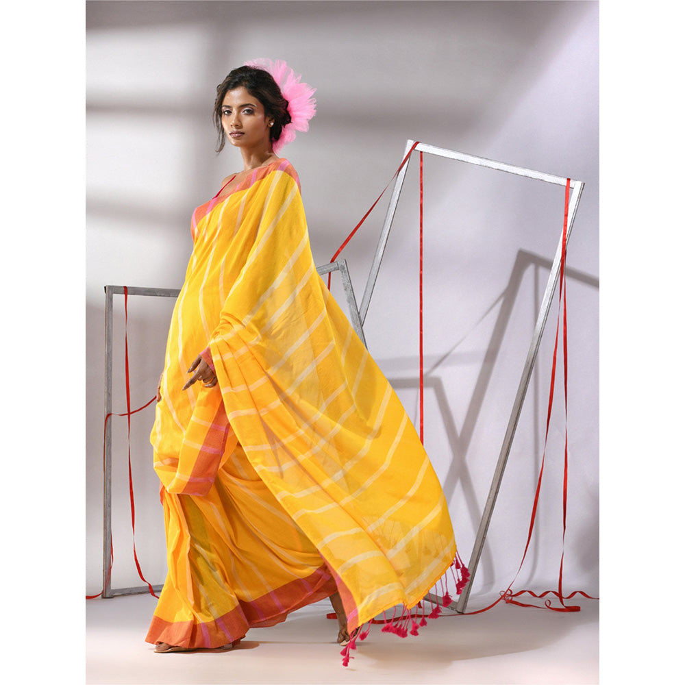 CHARUKRITI Yellow Soft Cotton Stripe Designs Saree with Unstitched Blouse