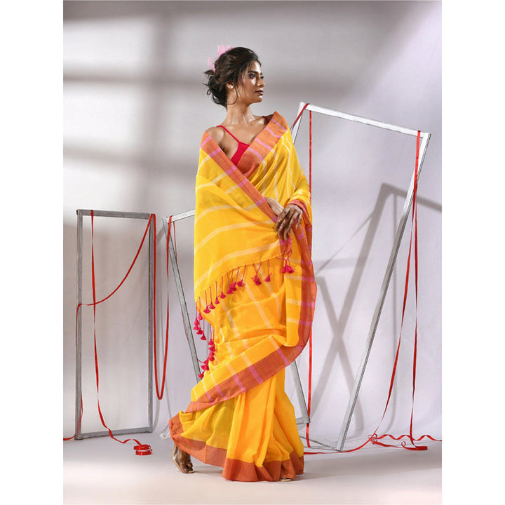 CHARUKRITI Yellow Soft Cotton Stripe Designs Saree with Unstitched Blouse