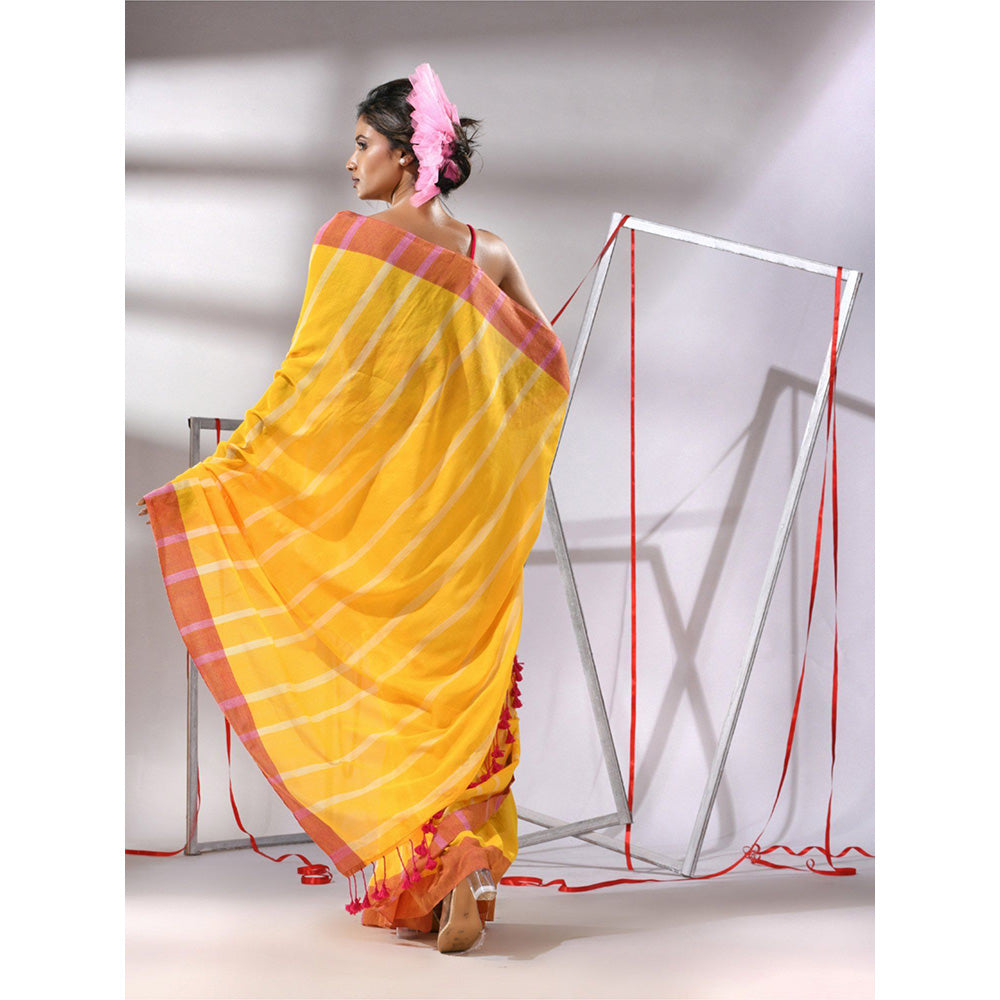 CHARUKRITI Yellow Soft Cotton Stripe Designs Saree with Unstitched Blouse