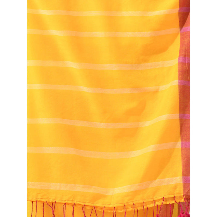 CHARUKRITI Yellow Soft Cotton Stripe Designs Saree with Unstitched Blouse