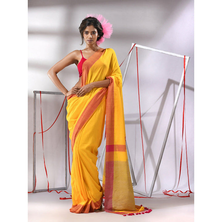 CHARUKRITI Yellow Cotton Solid Border Saree with Unstitched Blouse