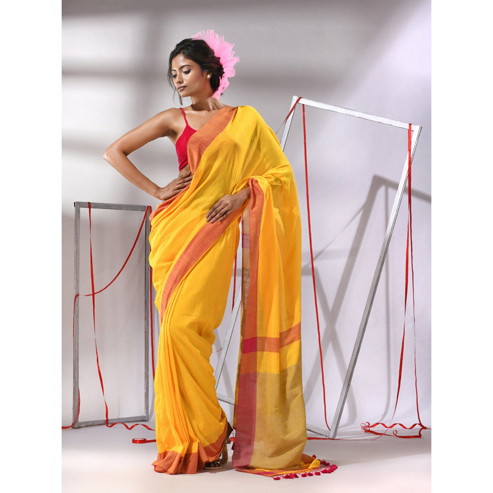 CHARUKRITI Yellow Cotton Solid Border Saree with Unstitched Blouse