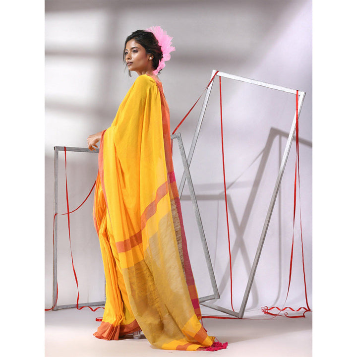 CHARUKRITI Yellow Cotton Solid Border Saree with Unstitched Blouse