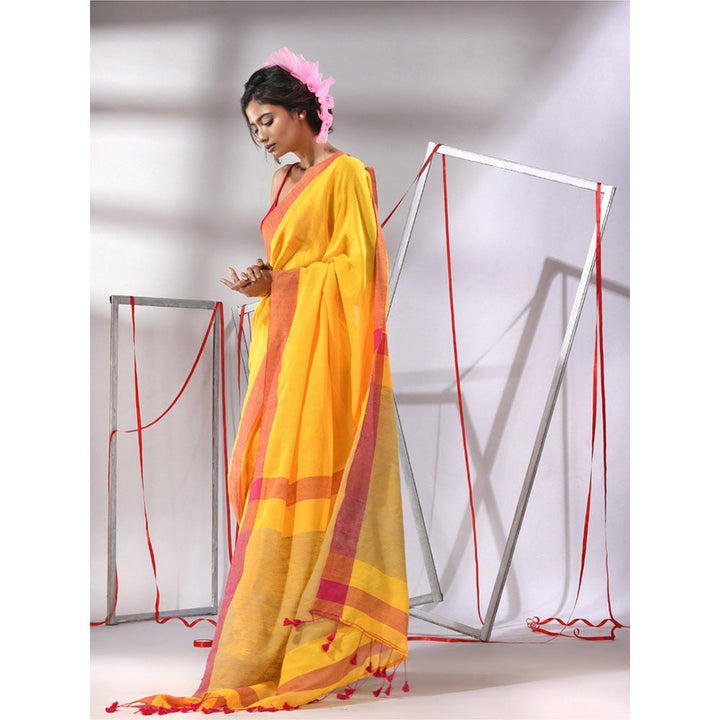 CHARUKRITI Yellow Cotton Solid Border Saree with Unstitched Blouse