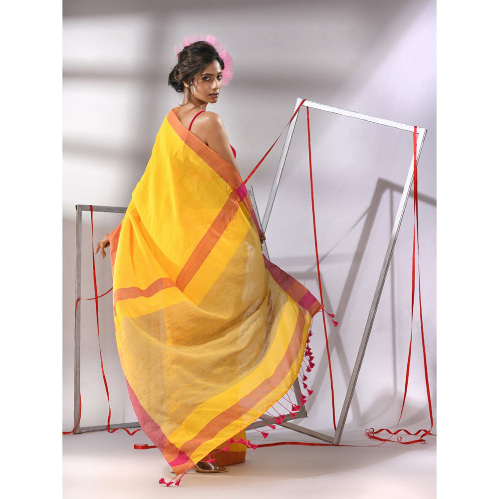 CHARUKRITI Yellow Cotton Solid Border Saree with Unstitched Blouse