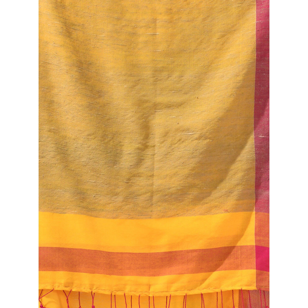 CHARUKRITI Yellow Cotton Solid Border Saree with Unstitched Blouse