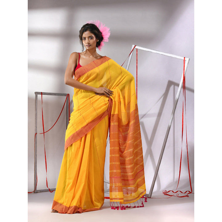 CHARUKRITI Munsell Yellow Cotton Zari Stripes Pallu Saree with Unstitched Blouse