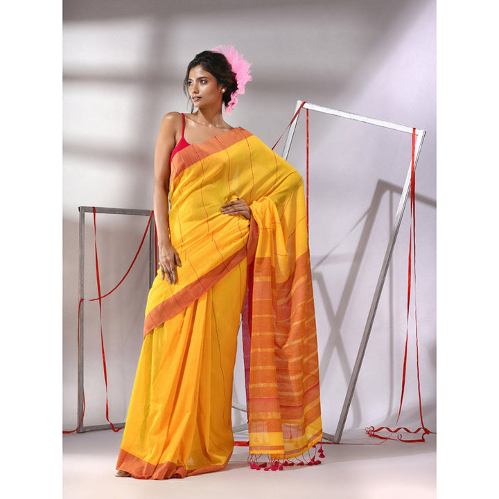 CHARUKRITI Munsell Yellow Cotton Zari Stripes Pallu Saree with Unstitched Blouse