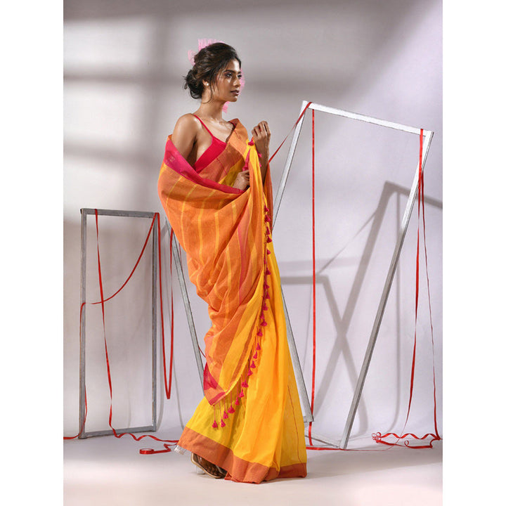 CHARUKRITI Munsell Yellow Cotton Zari Stripes Pallu Saree with Unstitched Blouse