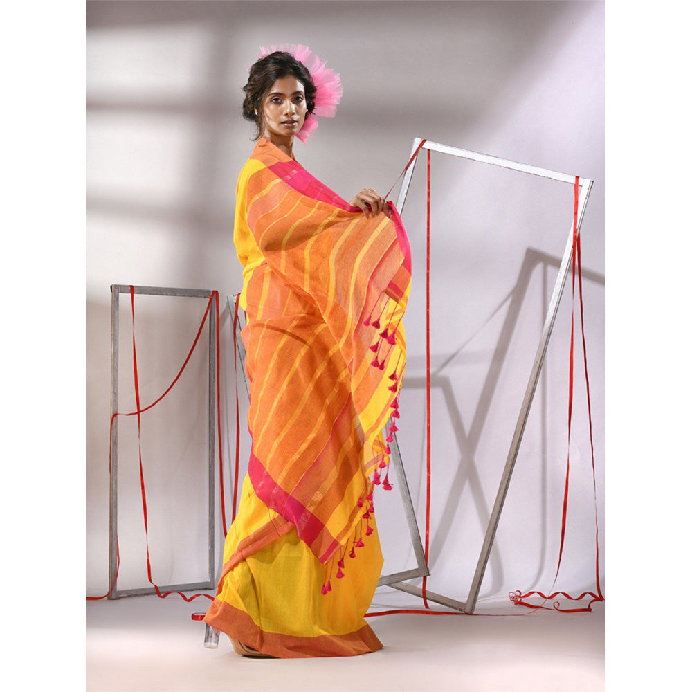 CHARUKRITI Munsell Yellow Cotton Zari Stripes Pallu Saree with Unstitched Blouse