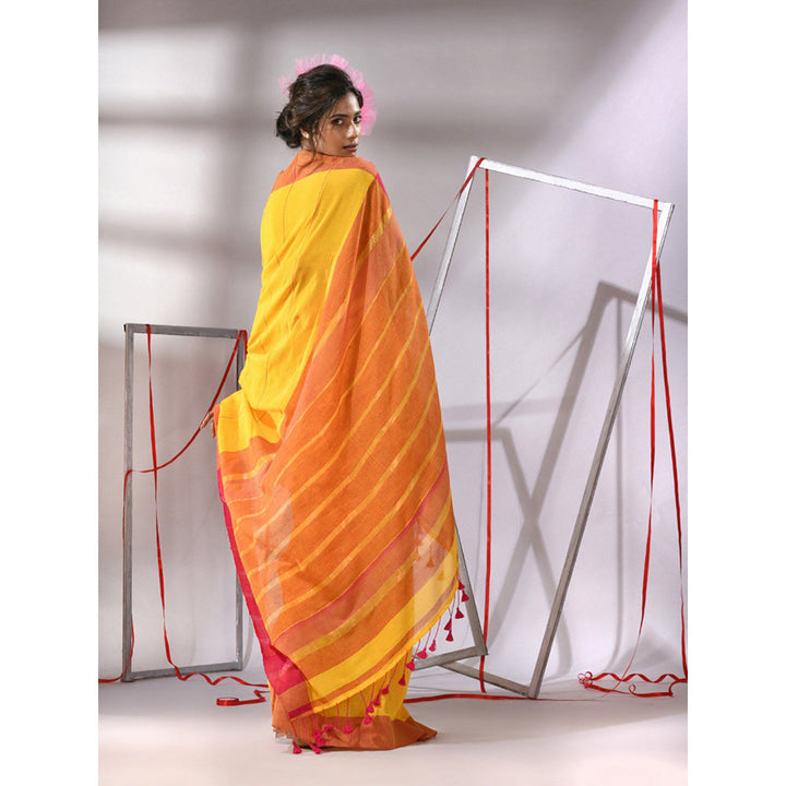 CHARUKRITI Munsell Yellow Cotton Zari Stripes Pallu Saree with Unstitched Blouse