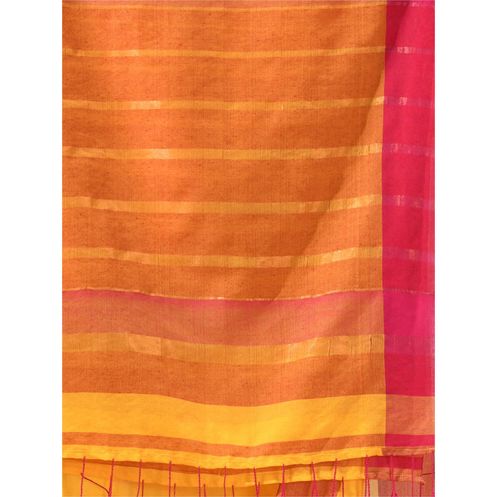 CHARUKRITI Munsell Yellow Cotton Zari Stripes Pallu Saree with Unstitched Blouse