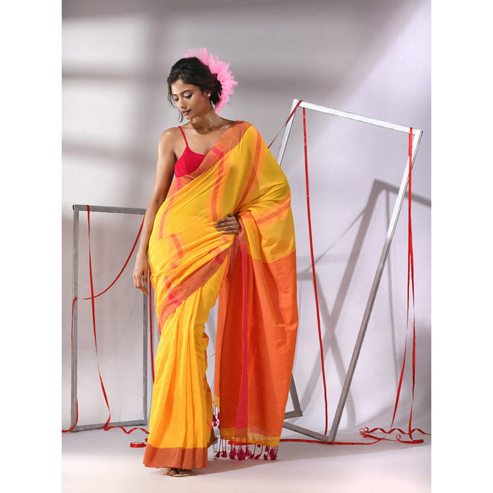 CHARUKRITI Yellow Cotton Texture Stripe Designs Saree with Unstitched Blouse