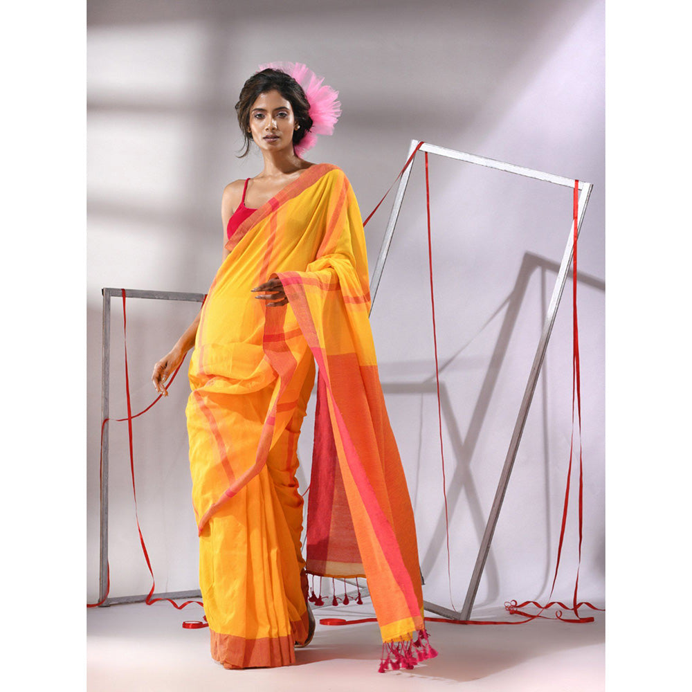 CHARUKRITI Yellow Cotton Texture Stripe Designs Saree with Unstitched Blouse