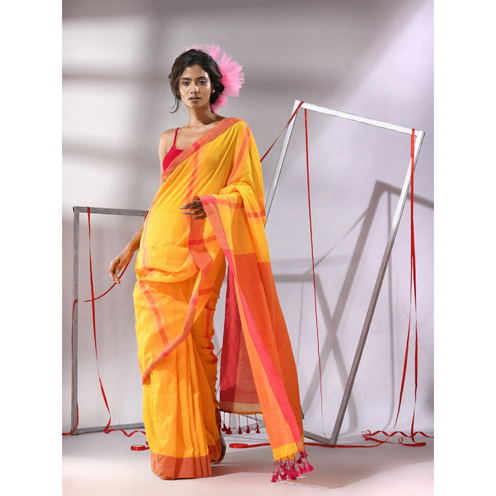 CHARUKRITI Yellow Cotton Texture Stripe Designs Saree with Unstitched Blouse